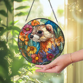 Ferret Stained Glass Suncatcher, Round Window Panel with Colorful Flowers and Cute Animal, Nature Inspired Garden Lover Home Decor Gift